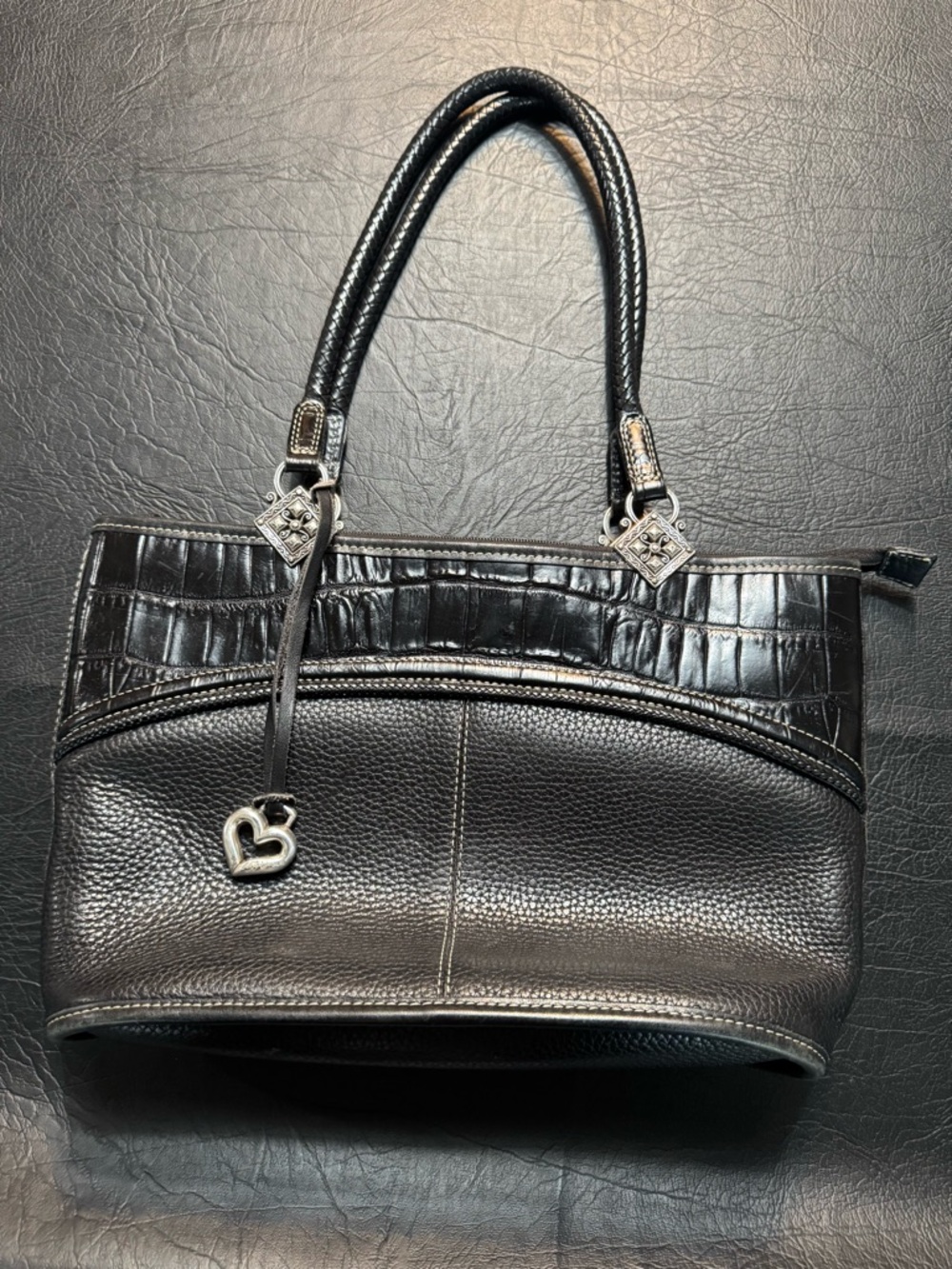 Brighton Luxe Black Leather Shoulder Bag Croc Trim Braided Handles Heart Charm